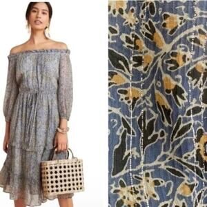 Anthropologie Blue Floral Kira Smocked Off Shoulder Boho Peasant Midi Dress 4